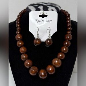 Set of Dark Wood Graduating Bead Necklace and Dangle Hook Earring NWT